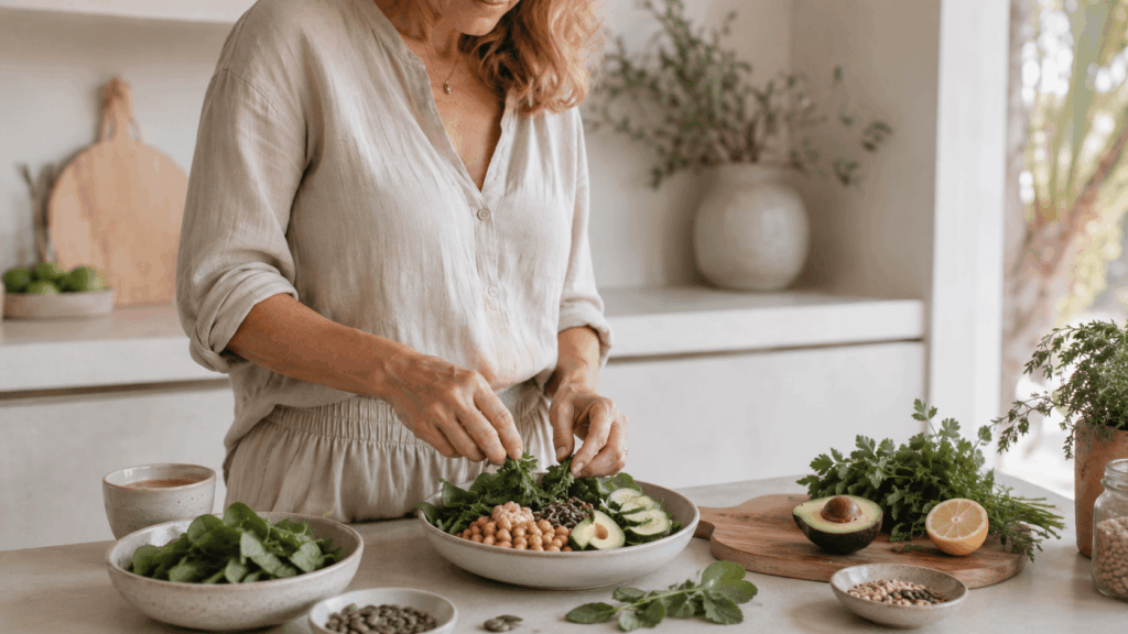 Frau bereitet in heller Küche eine Bowl mit Kichererbsen, Avocado, Gurke, Kräutern, Blattgemüse und Samen zu.