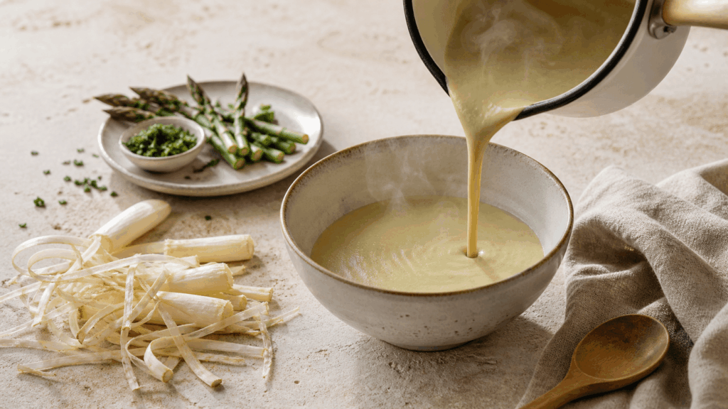 Cremige Spargelsuppe aus Schalen wird aus einem Topf in eine Keramikschale gegossen