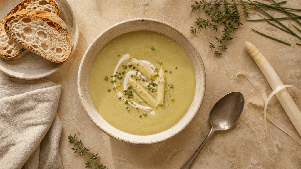 Vegane Spargelcremesuppe mit Kartoffeln, Spargelspitzen, Kräutern und geröstetem Brot von oben fotografiert