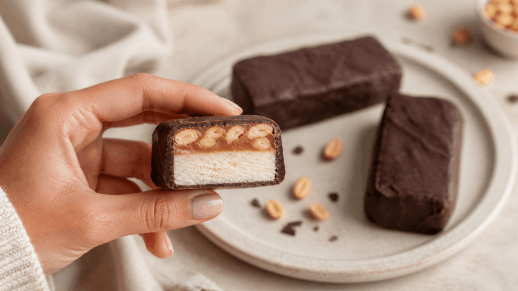 Aufgeschnittenes veganes Snickers Eis mit sichtbaren Schichten aus heller Eiscreme, Karamell, Erdnüssen und Schokoladenüberzug.