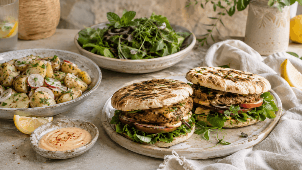 Vegane Burger mit gegrilltem Brot, Salat, Tomate und cremiger Sauce neben Kartoffelsalat, grünem Salat und Dip.