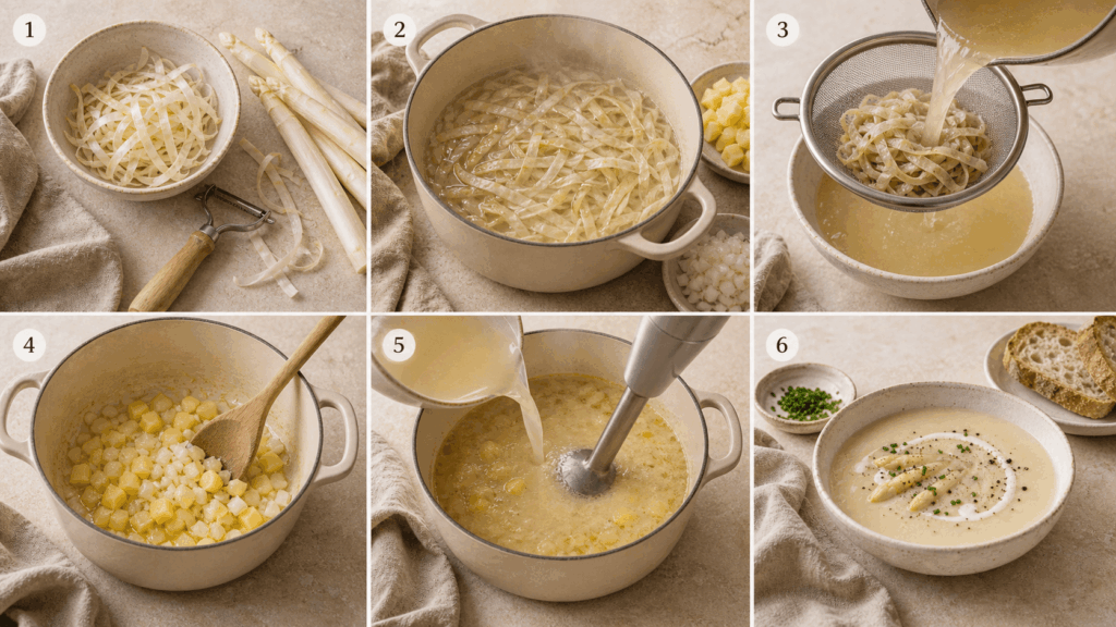 Schritt-für-Schritt-Collage zur Zubereitung von veganer Spargelcremesuppe aus Schalen mit Spargelschalen, Topf, pürierter Suppe und angerichteter Spargelsuppe.