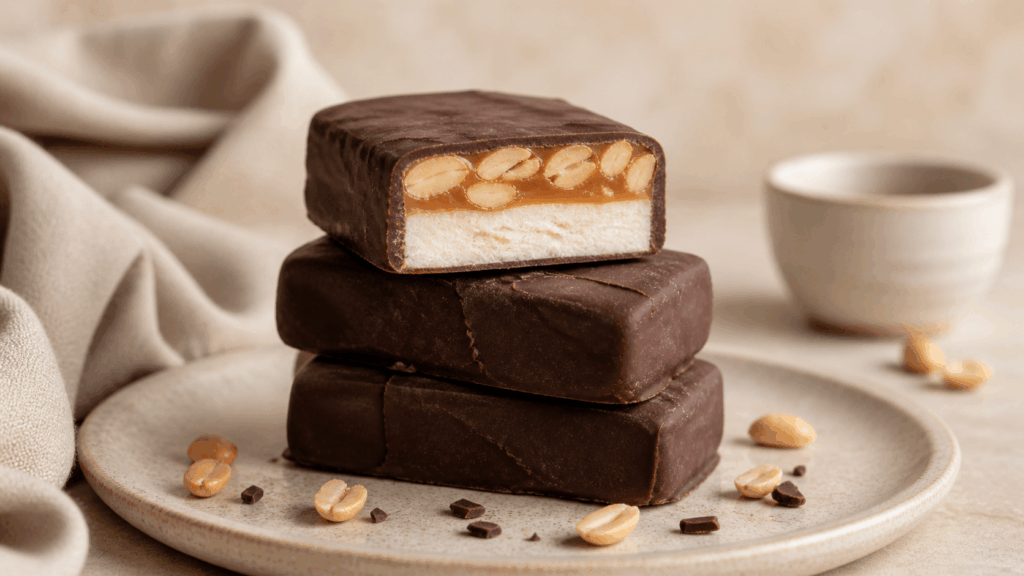 Vegane Snickers-Eisriegel sind stilvoll angerichtet und dekorativ mit Erdnüssen und Schokolade in hellem RESET-Ibiza-Stil fotografiert.