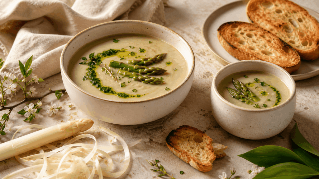 Spargelcremesuppe mit Spargelspitzen, Bärlauchpesto, Kräutern und geröstetem Baguette