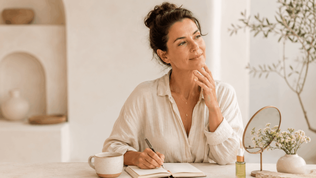 Frau sitzt an einem hellen Tisch mit Notizbuch, Tee, Spiegel und Pflegeprodukt und berührt ihr Kinn.