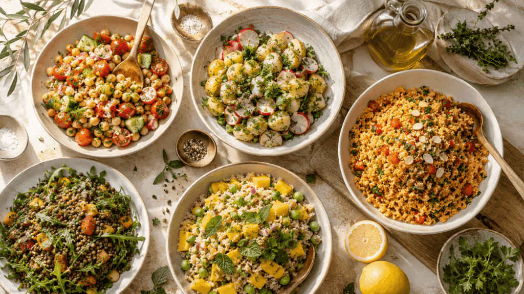 Mehrere gesunde Salate mit Kichererbsen, Kartoffeln, Couscous, Linsen und Quinoa auf einem hellen Tisch im sommerlichen Stil.