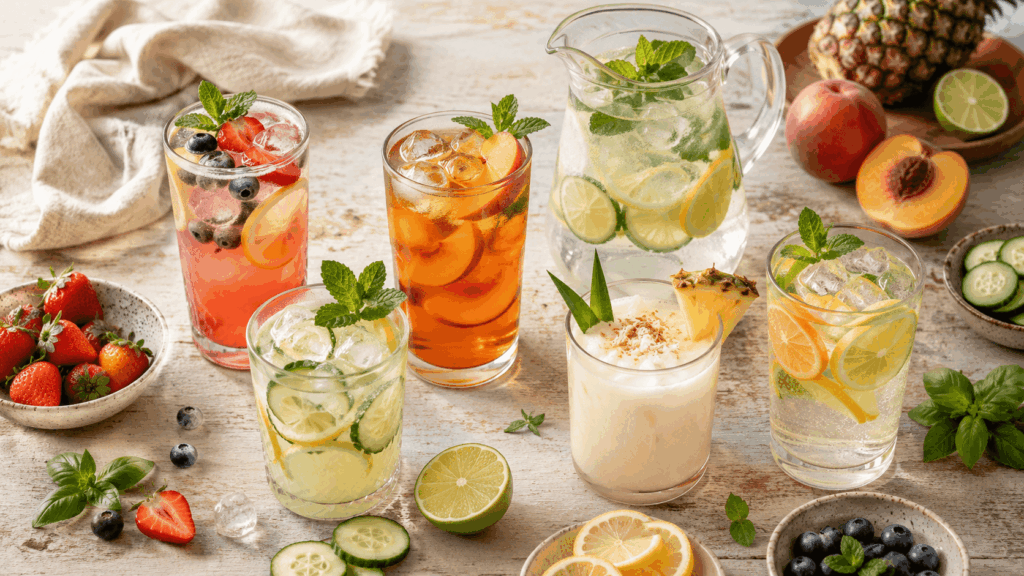 Mehrere alkoholfreie Sommergetränke mit Pfirsich, Beeren, Zitrone, Minze und Eis in Gläsern und Karaffen.