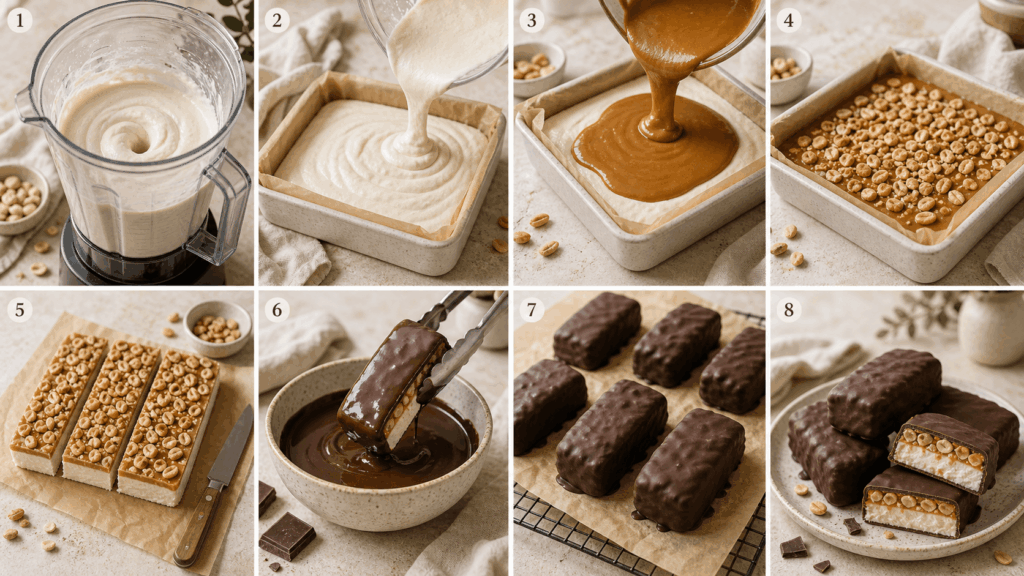 Step-by-Step-Anleitung für veganes Snickers Eis mit cremiger Eisfüllung, Karamellschicht, Erdnüssen und dunklem Schokoladenüberzug.