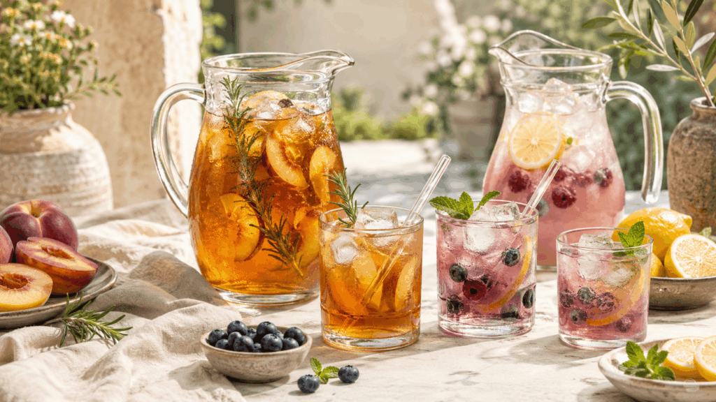 Mehrere alkoholfreie Sommergetränke mit Pfirsich, Beeren, Zitrone, Minze und Eis in Gläsern und Karaffen.