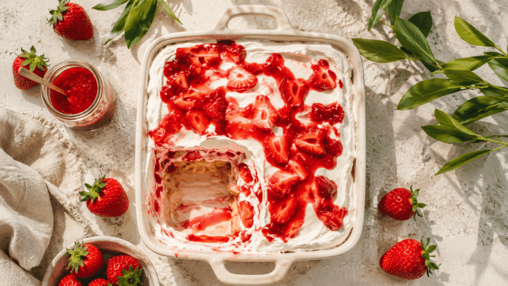 Erdbeer-Tiramisu in einer hellen Auflaufform mit weißer Creme, Erdbeerpüree und frischen Erdbeerstücken von oben fotografiert.