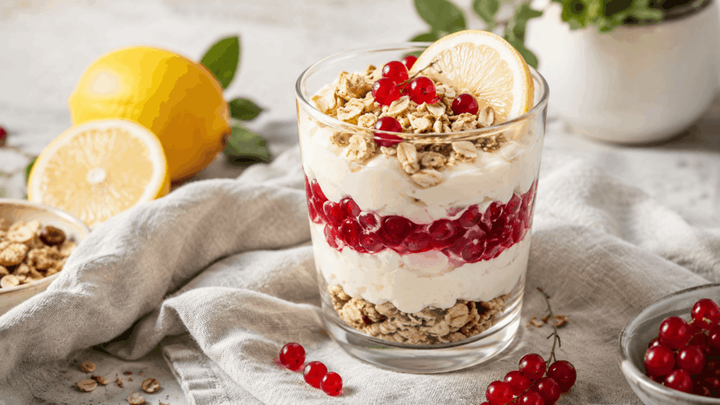 Dessert im Glas mit Haferflocken, heller Creme, roten Johannisbeeren, Granola und einer Zitronenscheibe.