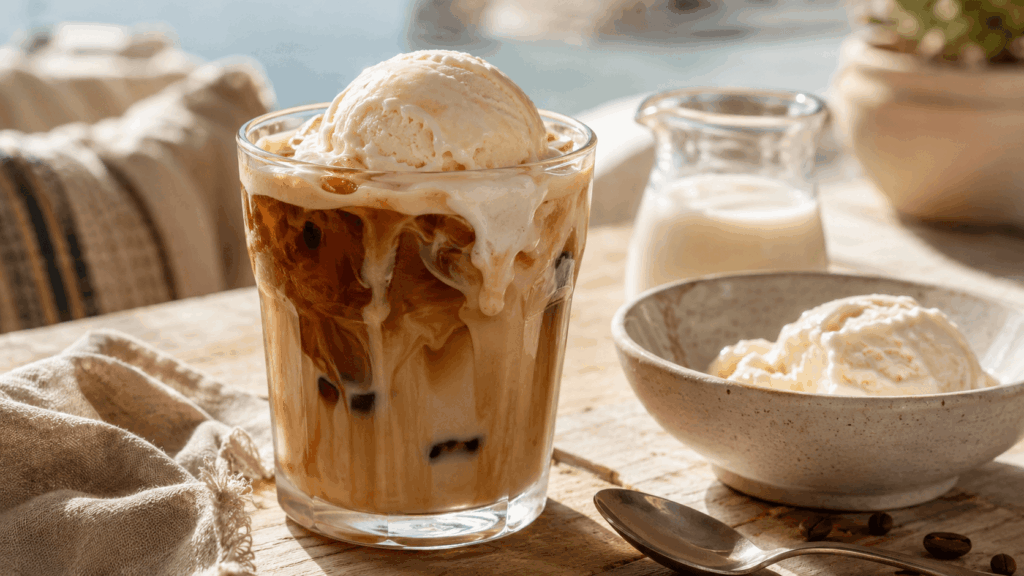 Glas mit Eiskaffee, Eiswürfeln und einer Kugel Vanilleeis auf einem Holztisch neben einer Milchflasche, einer Schale mit Eis und einem Löffel.