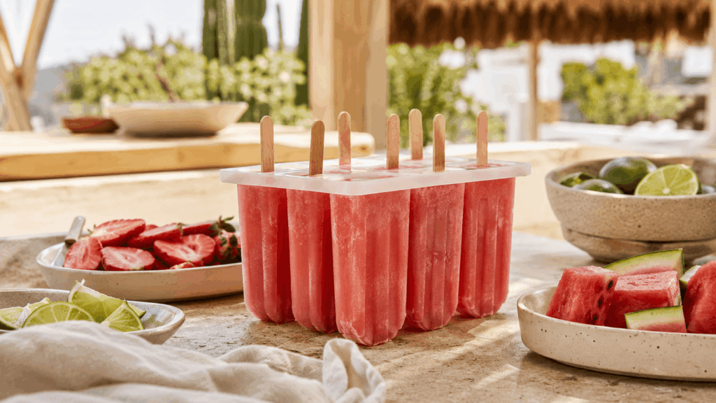 Gefrorenes Erdbeer-Wassermelonen-Eis steckt mit Holzstielen in einer Eisform, daneben liegen Erdbeeren, Limetten und Wassermelonenstücke.