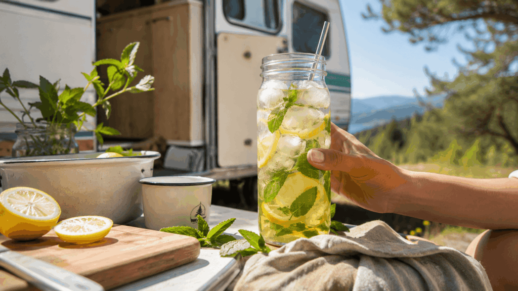 Eine Hand hält ein Glas mit Zitronen-Minz-Drink, Eiswürfeln und Minze auf einem Campingtisch.