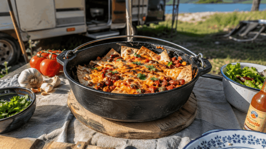Rustikale Bohnen-Wrap-Pfanne im Dutch Oven mit Tomaten, Bohnen und Wrapstücken auf einem Campingtisch.
