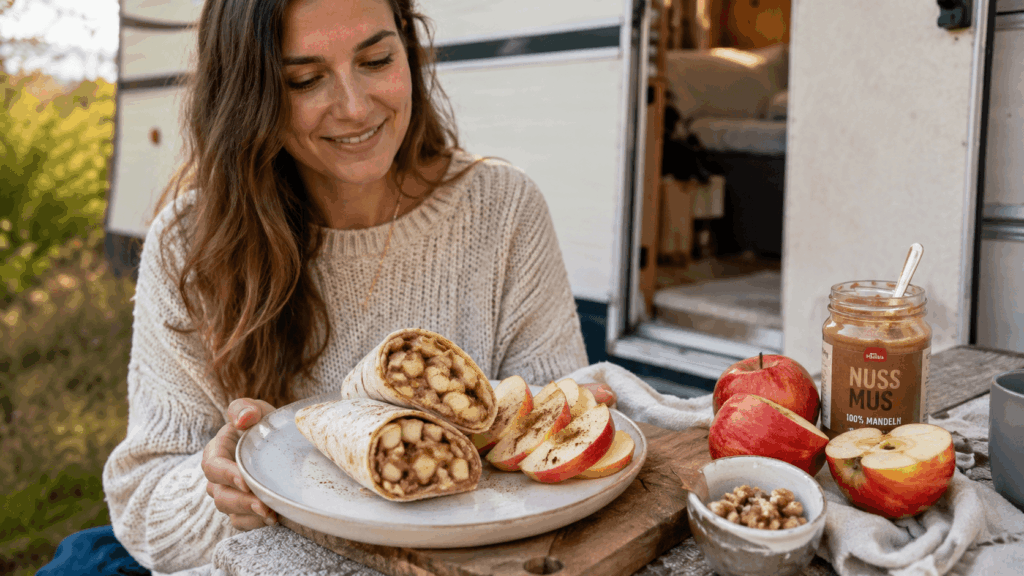 Eine Frau hält einen Teller mit Apfel-Zimt-Nussmus-Wrap, Apfelscheiben und Mandelmus vor einem Camper.
