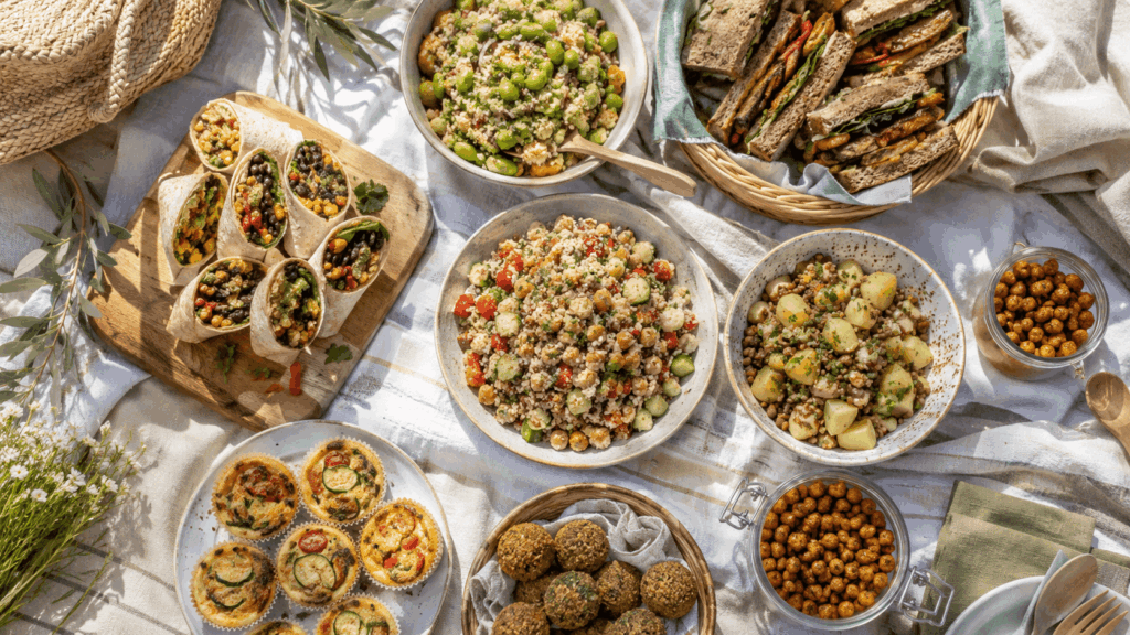 Veganes Picknick auf einer hellen Decke mit gefüllten Wraps, Mini-Quiches, herzhaften Talern, Couscous-Salat, gerösteten Kichererbsen und Gemüsesticks.