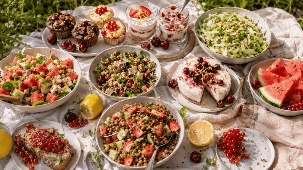 Sommerliche Tafel mit Schoko-Kirsch-Muffins, Beeren-Muffins, Dessertgläsern, drei bunten Salaten, einer Kirsch-Kühlschranktorte, Wassermelone, Erdbeeren, Johannisbeeren und Zitronen.