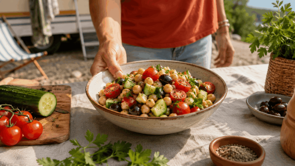Eine Frau stellt eine Schüssel Gurken-Tomaten-Kichererbsen-Salat mit Oliven auf einen Campingtisch.