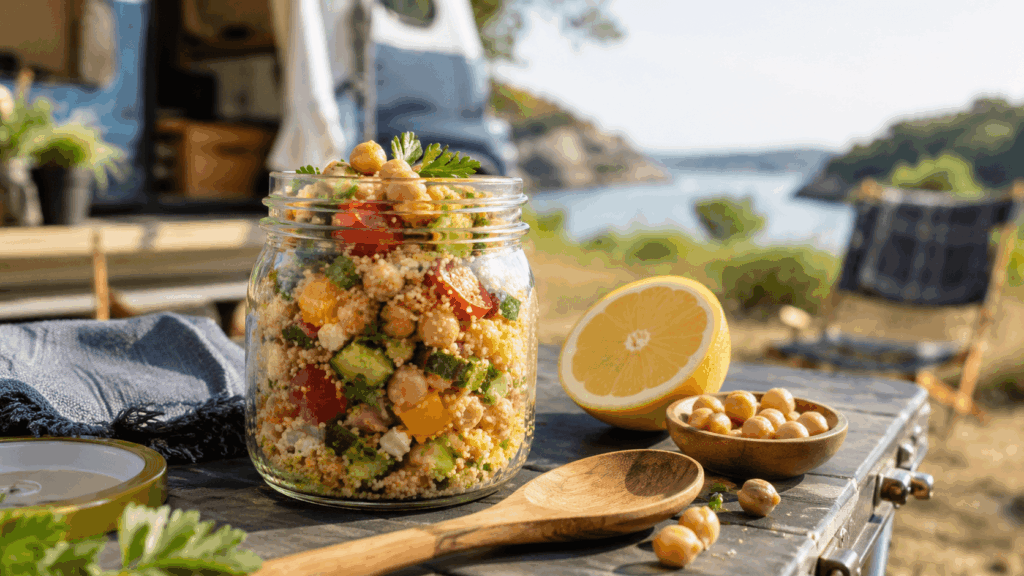 Ein Glas mit Couscous-Salat, Kichererbsen, Gemüse und Zitrone steht auf einem Campingtisch.