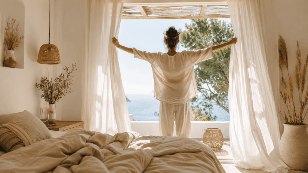 Frau steht in heller Kleidung vor geöffneten Vorhängen in einem Boho-Schlafzimmer mit Blick aufs Meer.