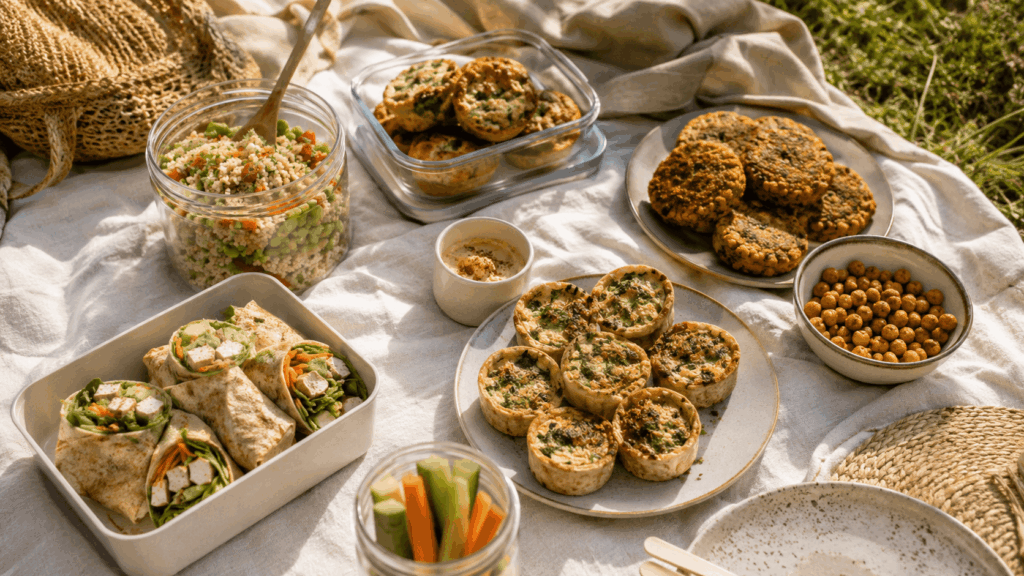 Sommerliches Picknickbuffet mit gefüllten Wraps, Couscous-Salaten, Kartoffel-Linsen-Salat, Vollkorn-Sandwiches, Mini-Quiches, herzhaften Bällchen und gerösteten Kichererbsen.