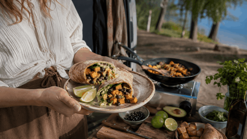 Eine Frau hält einen Teller mit Süßkartoffel-Bohnen-Wraps, Avocado und Limettenspalten in einer Campingküche.