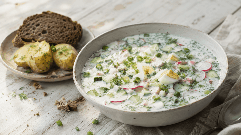 Schale mit kalter Suppe aus Gurke, Radieschen, Kartoffeln, Ei und Dill neben Brot und Kartoffeln auf einem hellen Tisch.