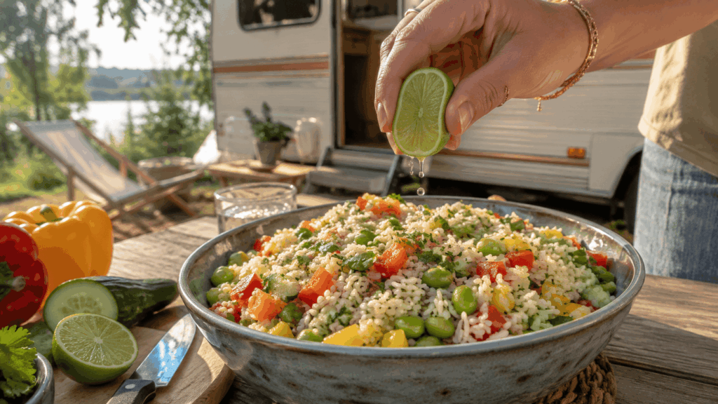 Eine Hand presst Limette über eine große Schüssel Reissalat mit Edamame, Gurke und Paprika.