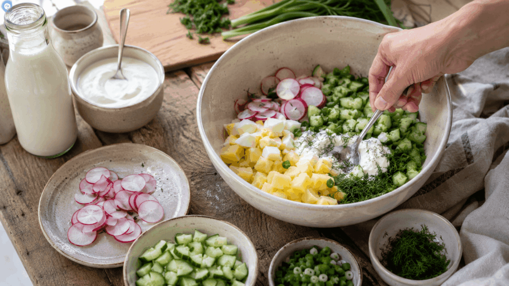 Große Schüssel mit Kartoffelwürfeln, Gurke, Radieschen, Ei, Dill und cremiger Sauce auf einem Holztisch mit weiteren Zutaten.