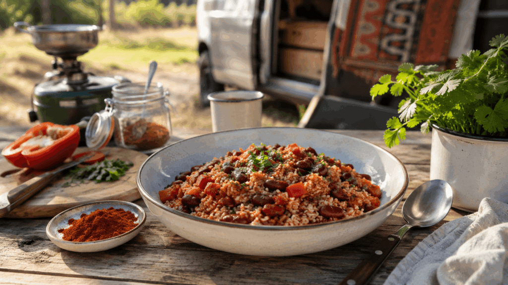 Schüssel mit Red Beans and Rice, Paprika und Kräutern steht auf einem rustikalen Campingtisch.