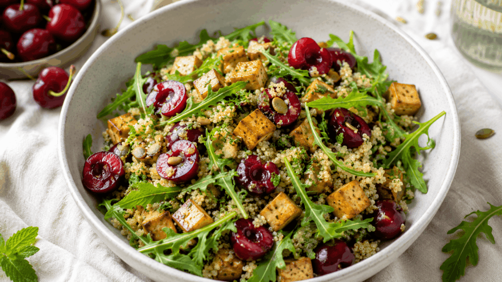 Schale mit Quinoa, gebratenen Tofuwürfeln, halbierten Kirschen, Rucola, Kräutern und Kürbiskernen.
