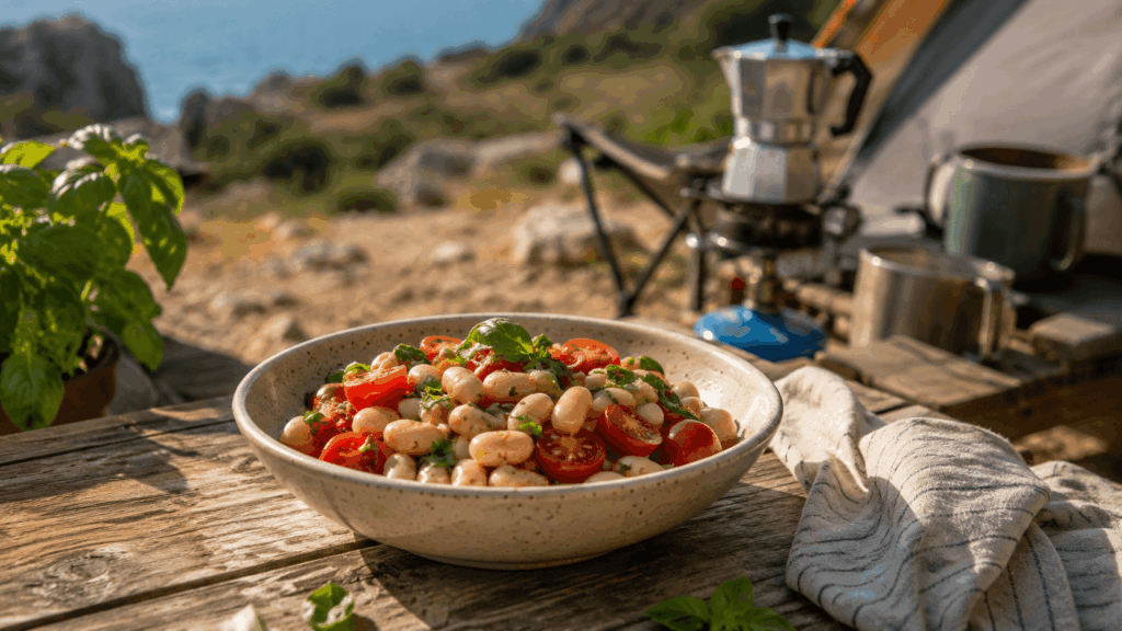 Eine Schüssel mit weißen Bohnen, Tomaten und Basilikum steht auf einem rustikalen Campingtisch.