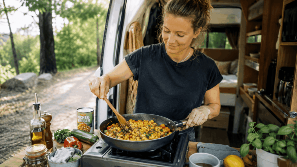 Eine Frau rührt Kichererbsen-Gemüse-Hash in einer Pfanne auf dem Gaskocher in einer Camperküche.