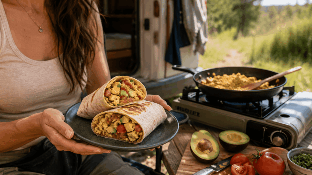 Eine Frau hält einen Teller mit aufgeschnittenen Tofu-Scramble-Wraps neben einem Gaskocher.