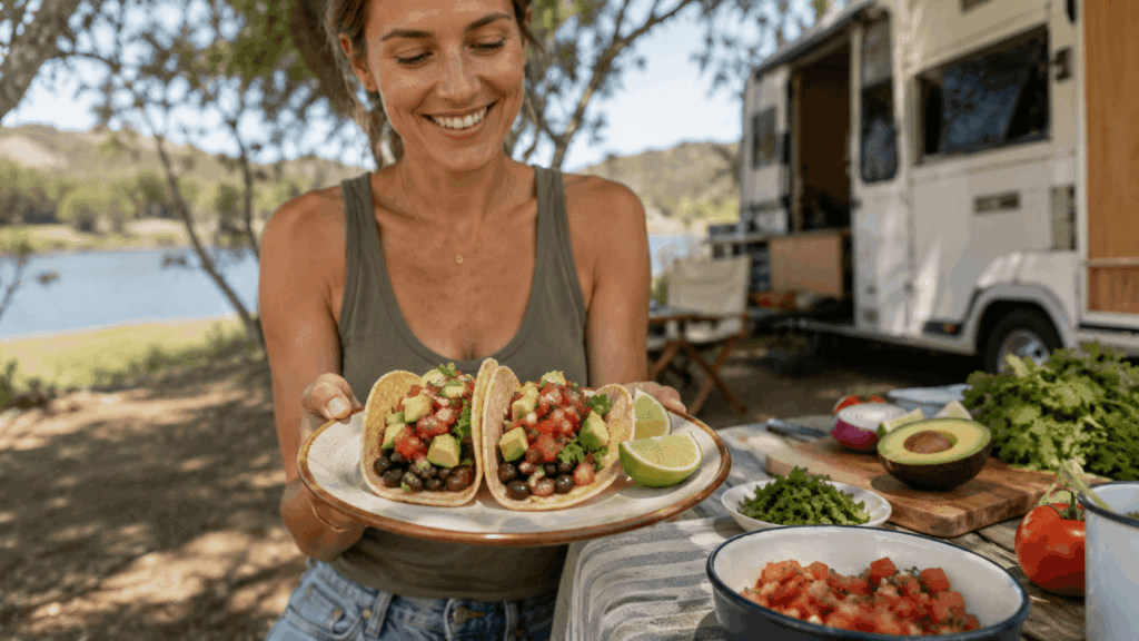 Eine Frau hält zwei Avocado-Bohnen-Tacos mit Tomaten-Salsa auf einem Teller beim Camping.