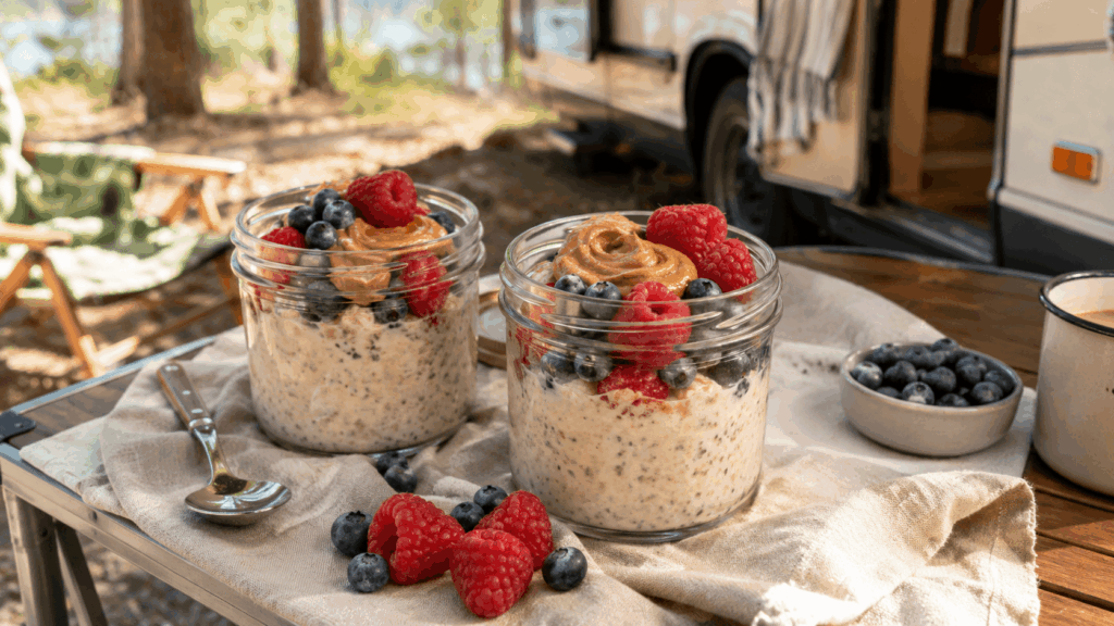 Zwei Chia-Kokos-Beeren-Gläser stehen auf einem Holztablett in einer natürlichen Campingumgebung.