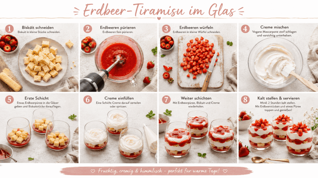Acht bebilderte Schritte zeigen Biskuitwürfel, Erdbeerpüree, geschnittene Erdbeeren, Creme und das Schichten von Erdbeer-Tiramisu in Gläsern.