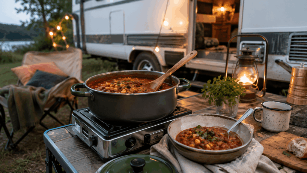 Veganes Bohnen-Chili kocht in einem Topf auf dem Campingkocher, daneben steht eine angerichtete Schüssel.