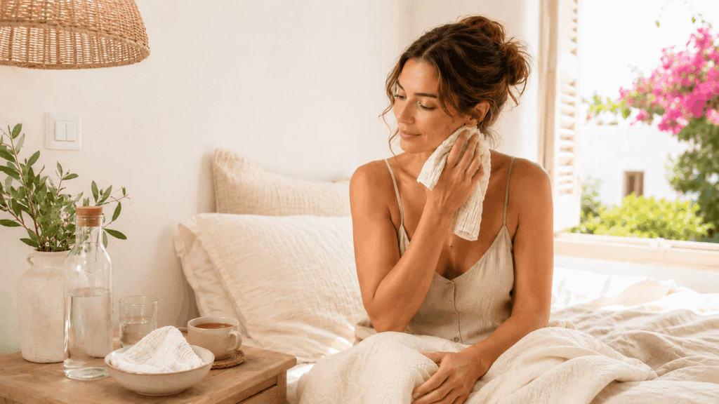 Frau sitzt in einem hellen Boho-Schlafzimmer auf dem Bett und hält ein helles Tuch an ihren Hals.