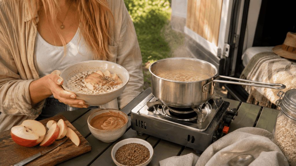 Eine Frau hält eine Schüssel Porridge neben einem Topf auf dem Gaskocher im Campingbereich.