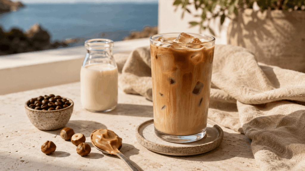 Glas mit kaltem Haselnuss-Eiskaffee auf einem hellen Tisch mit Haselnüssen, Nussmus, Kaffeebohnen, Milchflasche und Meer im Hintergrund.