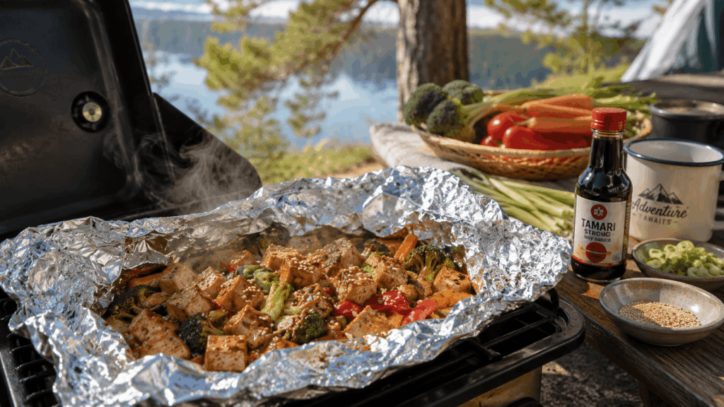 Geöffnetes Foil-Packet mit Tofu, Gemüse, Tamari und Sesam auf einem Campinggrill am See.