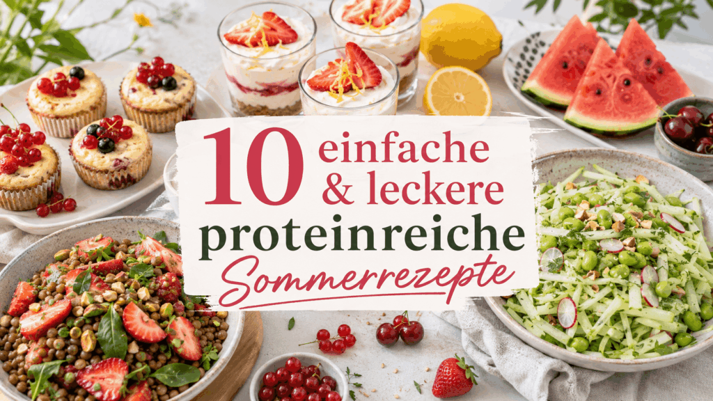 Collage mit Kirsch-Muffins, Erdbeer-Desserts im Glas, Wassermelone, Johannisbeeren sowie zwei sommerlichen Salaten mit Linsen, Erdbeeren, Kohlrabi und Edamame.
