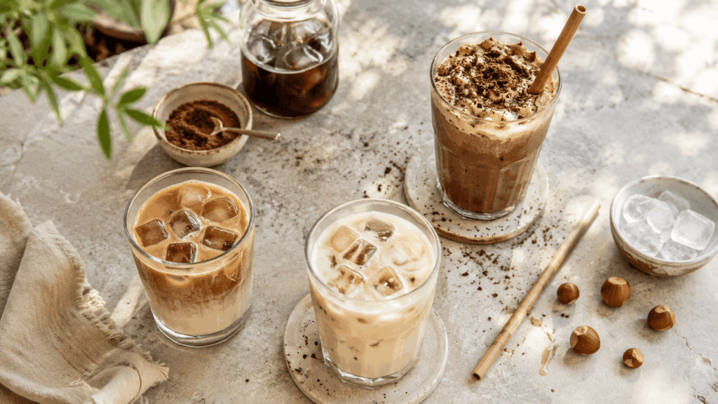 Drei kalte Kaffeegetränke auf einem hellen Tisch mit Eiswürfeln, Kakao, Haselnüssen, Kaffeebohnen, Trinkhalmen und einer Glasflasche mit Kaffee.