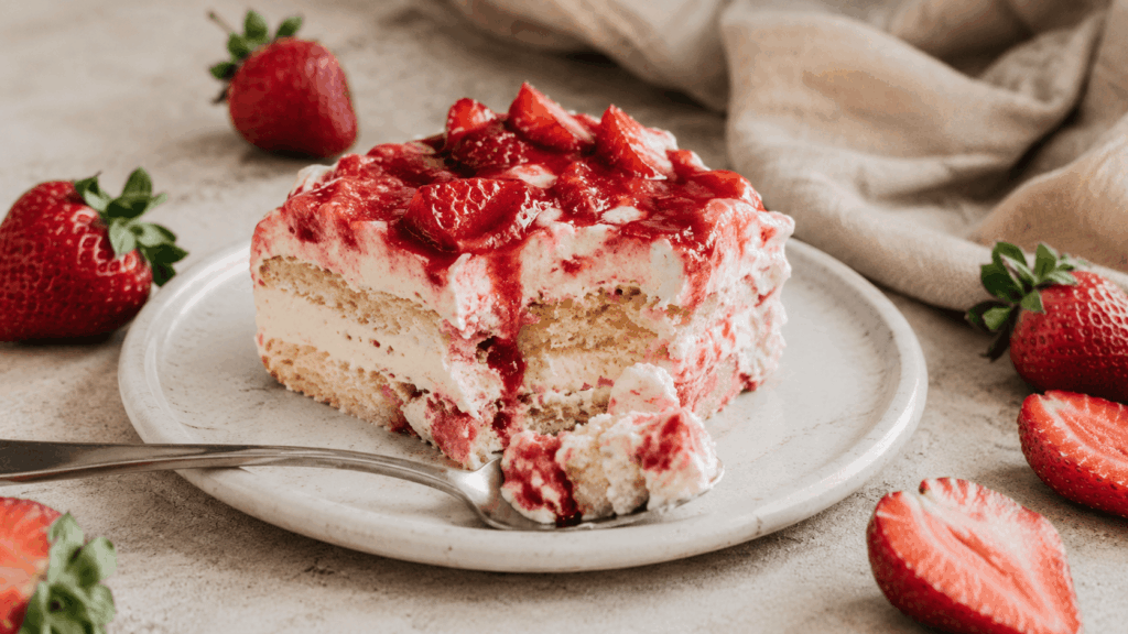 Acht bebilderte Zubereitungsschritte zeigen Teig, gebackenen Biskuit, Erdbeerpüree, geschnittene Erdbeeren, Creme und das fertige Erdbeer-Tiramisu in einer Form.