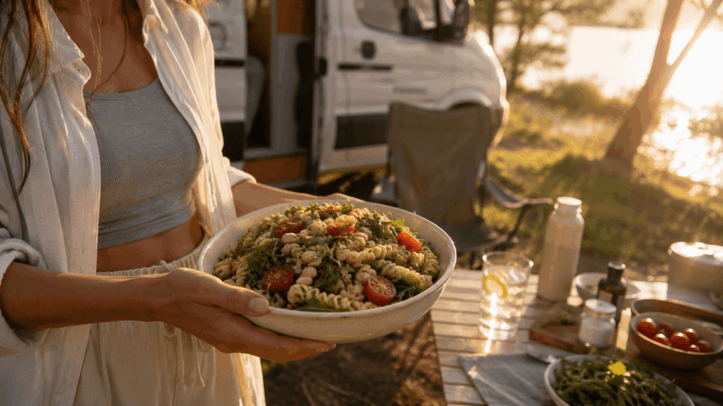 Eine Frau hält eine Schüssel Pasta-Salat mit weißen Bohnen, Rucola und Tomaten vor einem Camper.