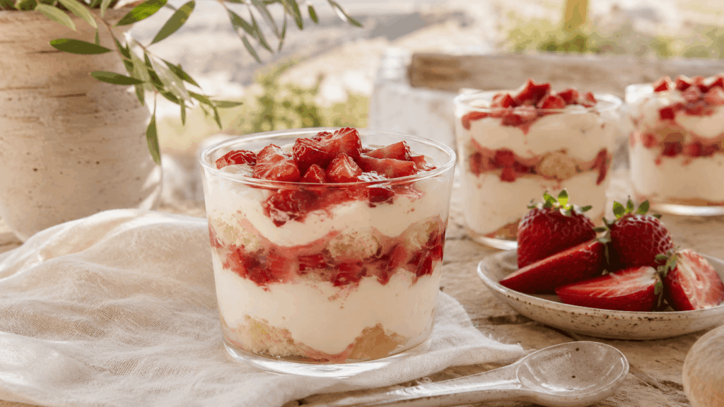 Erdbeer-Tiramisu im Glas mit Biskuitstücken, heller Creme, Erdbeerpüree und frischen Erdbeeren auf einem rustikalen Holztisch.