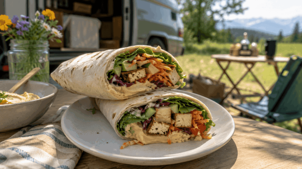 Zwei Hummus-Gemüse-Wraps mit Räuchertofu liegen auf einem Teller auf einem Campingtisch.