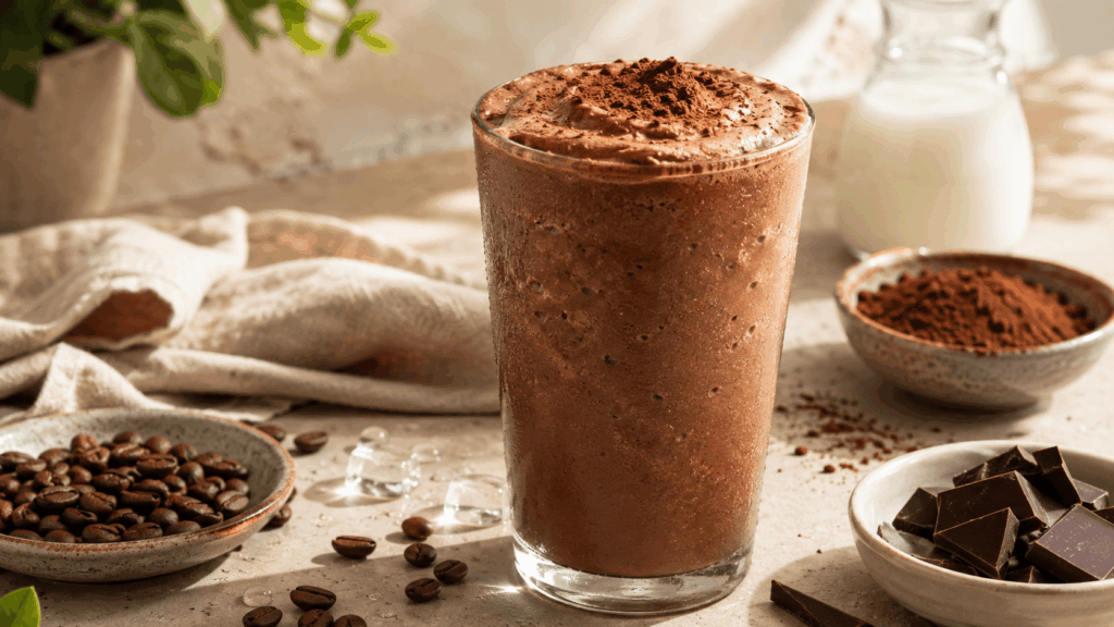 Großes Glas mit cremigem Schoko-Frappé auf einem hellen Tisch mit Kakao, Kaffeebohnen, Eiswürfeln, dunkler Schokolade und einer Milchflasche.
